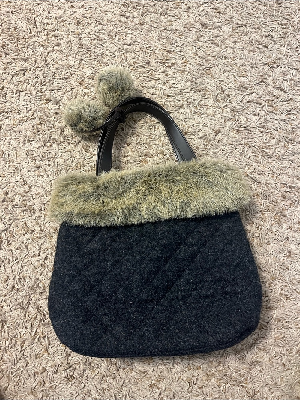 Faux Fur Trim Dark Gray Handbag